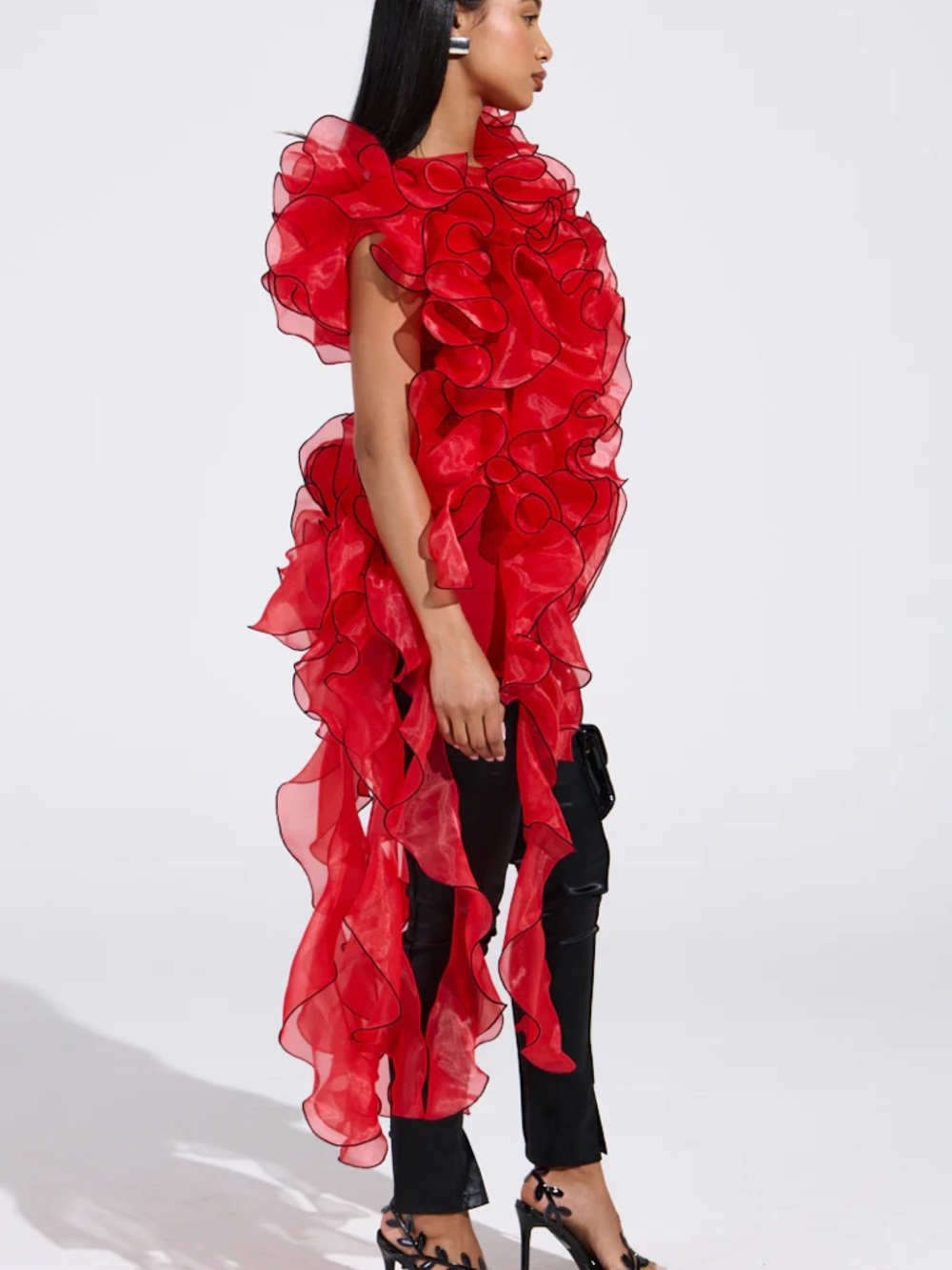 Akira LOVER RUFFLE BLOUSE Dramatic Red Ruffle Organza Tunic Size L Large Dress - Picture 3 of 5